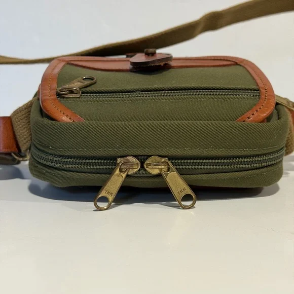 Billingham England Compact Stowaway Camera Green Cognac Brown Leather Handbag - Picture 7 of 15